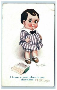 1923 Donald McGill Artist Signed Postcard Child eats Box of Fryburys Chocolates 