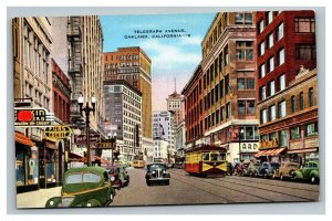 Vintage 1940's Postcard Antique Cars Trolley Telegraph Ave. Oakland California