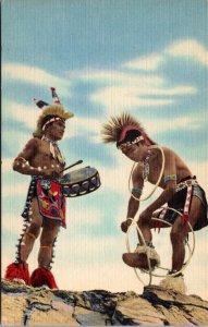 Linen Postcard Pueblo Indian Hoop Dance Drummer Dancer