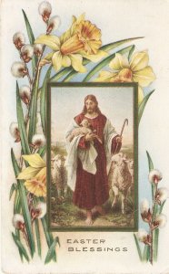 Jesus with lamb. Flowers Old vintage American Easter Greetings postcard