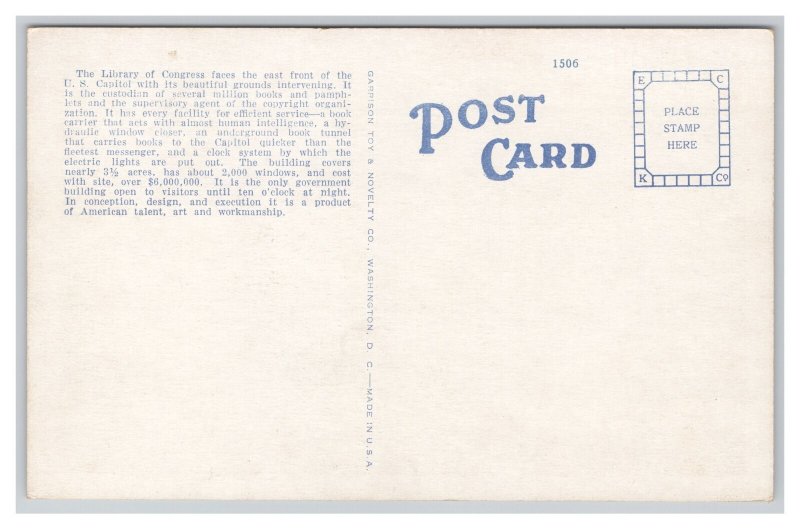 Washington D. C. Library Of Congress Postcard