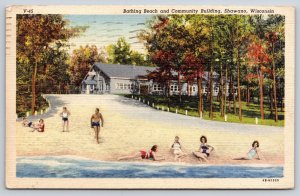 Shawano Wisconsin~Bathing Beach Scene~Community Bldg~People~1949 Linen Postcard