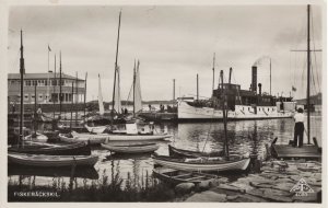 Fiskebackskil Sweden Boats Ferry Ship 1950s Real Photo Postcard