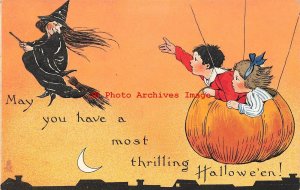 Halloween, Tuck No 188-6, Children Watching Witch Flying Her Broom over City