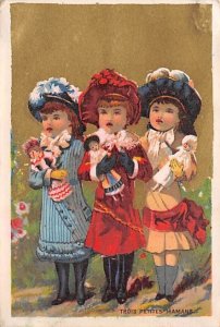 Approx. Size: 3 x 4.25 Three girls with dolls and hats  Late 1800's Tradecard...