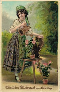 Happy New Year Woman Waters The Plants Vintage Postcard 06.85