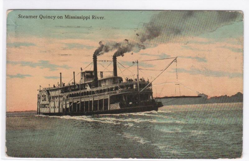 Paddle Steamer Ship Quincy on Mississippi River 1911 postcard