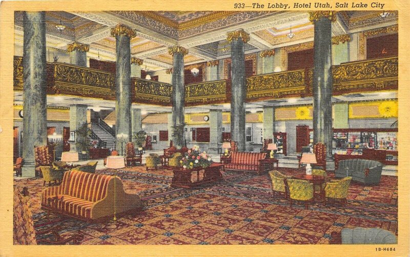 Salt Lake City Utah 1947 Postcard The Lobby Hotel Utah