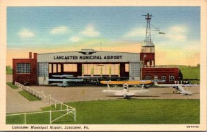 Linen Postcard Lancaster Municipal Airport in Lancaster, Pennsylvania