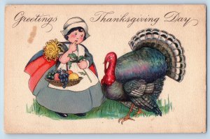 Thanksgiving Postcard Greetings Little Girl Turkey c1910's Unposted Antique