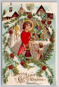 Christmas Greetings Angel Children Pine Cones Postcard U26