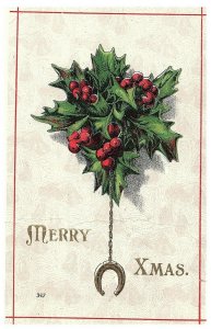 Merry XMAS Vintage Christmas Postcard w/ Holly & Horseshoe 347