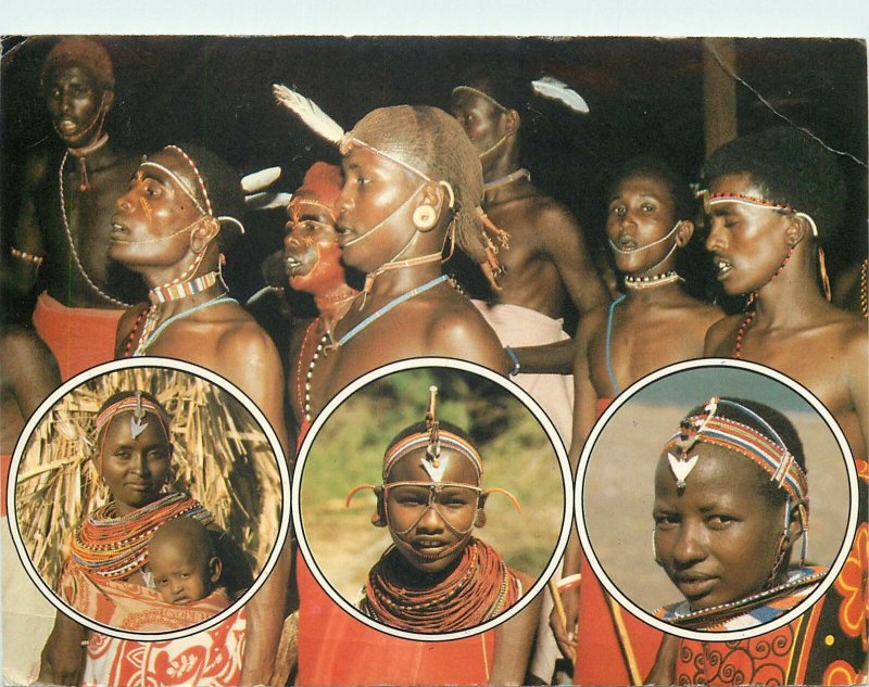 Kenya Postcard Ethnic tribal type Samburu warriors butterfly stamp