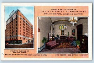 Seattle Washington Postcard Fourth Avenue Spring Street Hotel Hungerford c1940