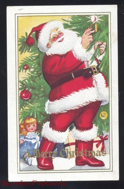 A MERRY CHRISTMAS LARGE SANTA CLAUS RED ROBE TREE VINTAGE 