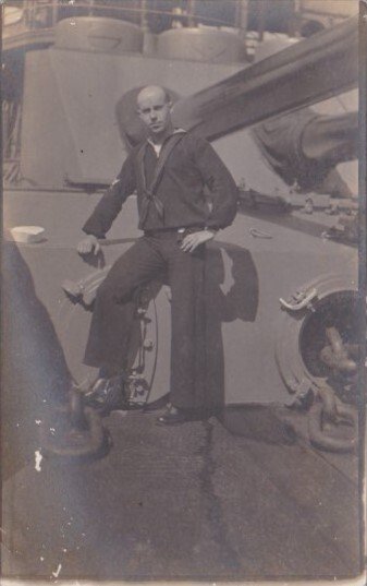 Military Sailor Posing By Gun On Ship Real Photo