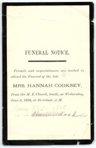 1886 FUNERAL NOTICE MRS HANNAH COOKSEY BORN 1805 M.E. CHURCH GENEOLOGY  Z5219