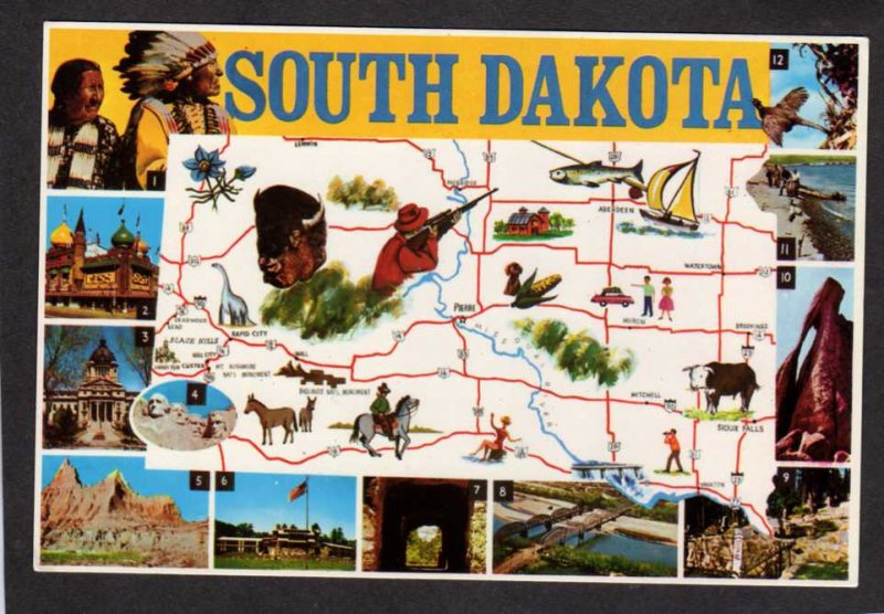 SD South Dakota State Map Postcard Aberdeen Mitchell Rapid City Sioux Falls