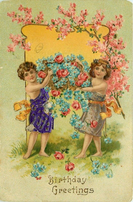 Children with Flowers Embossed Gold Gilded Happy Birthday Greetings Postcard