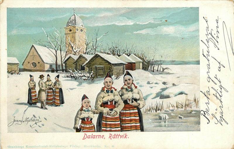 Early Postcard A/S Jenny Nystrom People & Church, Dalarna, Rättvik Sweden