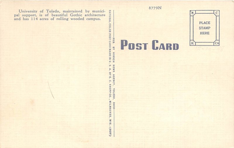 Toledo Ohio 1940s Postcard Toledo University