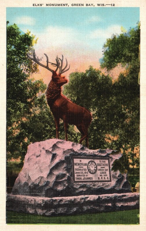 Vintage Postcard 1944 Elks Monument Green Bay Wisconsin