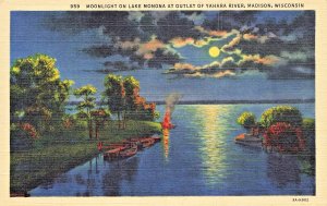 MADISON WI~MOONLIGHT ON LAKE MONOMA AT OUTLET OF YAHARA RIVER~1933 POSTCARD