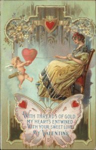 VALENTINE'S DAY Elegant Woman Attached by Thread to Cupid c1910 Postcard