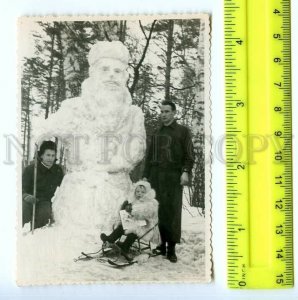 499911 NEW YEAR snowman Santa Claus and a child on a sled Vintage PHOTO
