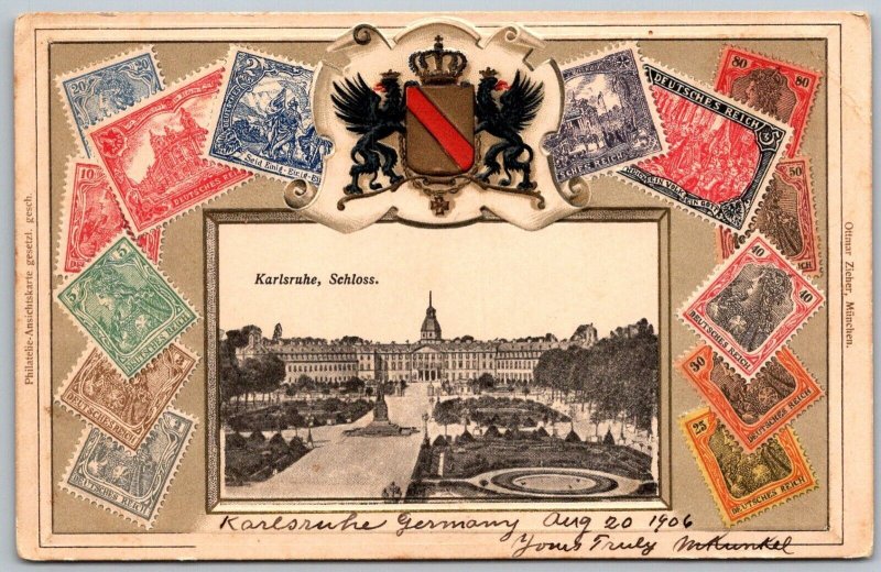 Karlsruhe Germany 1906 Postcard Schloss Castle Embsossed Coat Of Arms Stamps