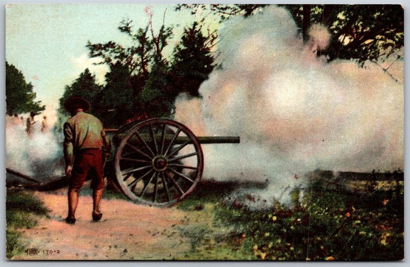 Vtg Military US Army Soldiers Firing Cannon Artillery WW1 Era 1910s Old Postcard