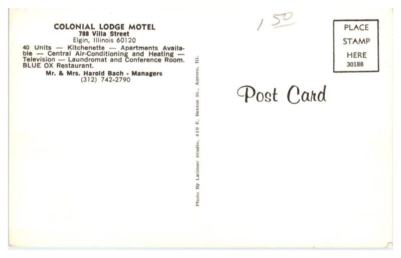 1960s Colonial Lodge Motel and Blue Ox Restaurant, Elgin, IL Postcard