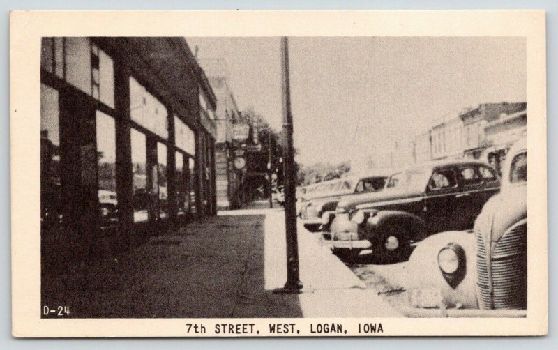 Logan IA~7th Street West~1940s Cars Parked at Shops~Drug Store~Street Clock~B&W