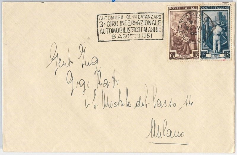 ITALY postal history - ENVELOPE - 3rd car lap Calabrie: CATANZARO 1951-