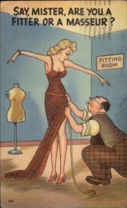 Tailor Gets Fresh w/ Sexy Large Breasted Woman Linen Comic Postcard