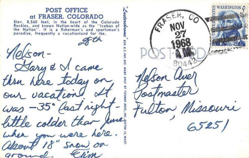 Fraser Colorado Post Office Street View Vintage Postcard K103885