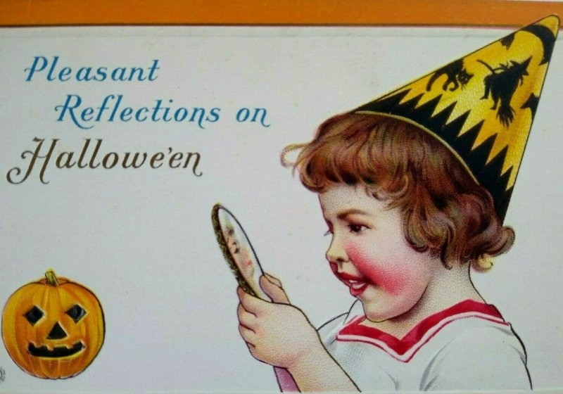 Antique Halloween Postcard Cute Girl Holds Mirror Witch Hat 80 F Embossed Unused 