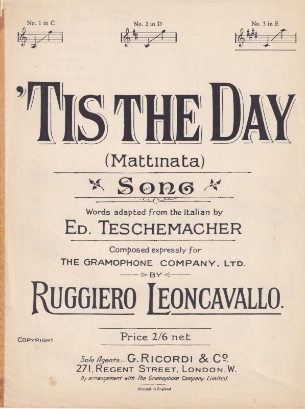 Tis The Day Ruggiero Leoncavallo Olde Song Sheet Music