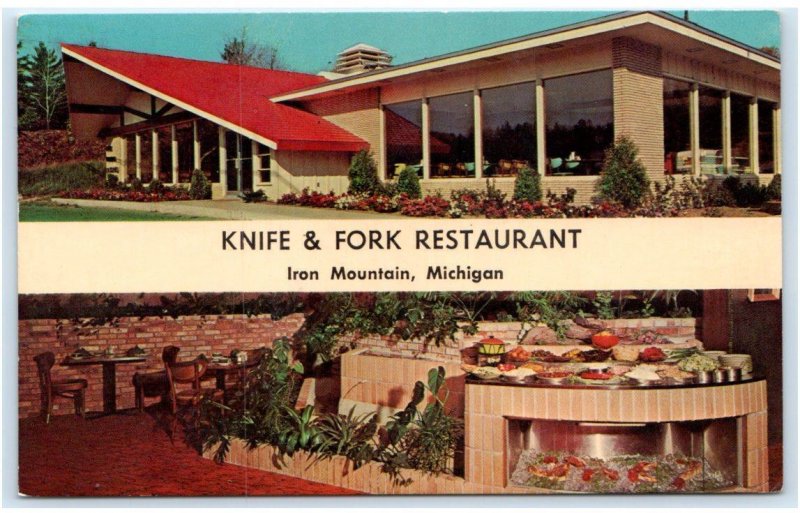 IRON MOUNTAIN, Michigan MI ~ Roadside KNIFE & FORK RESTAURANT 1964 Cook Postcard