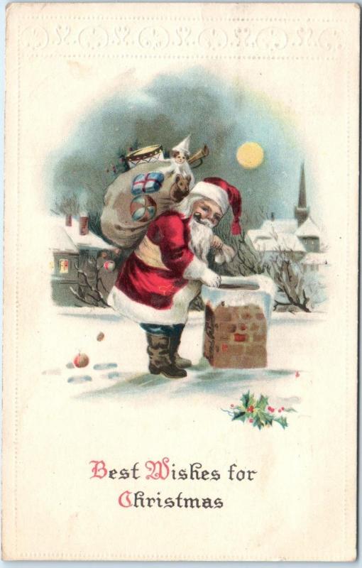 CHRISTMAS GREETING   SANTA by the CHIMNEY   c1920s        Postcard