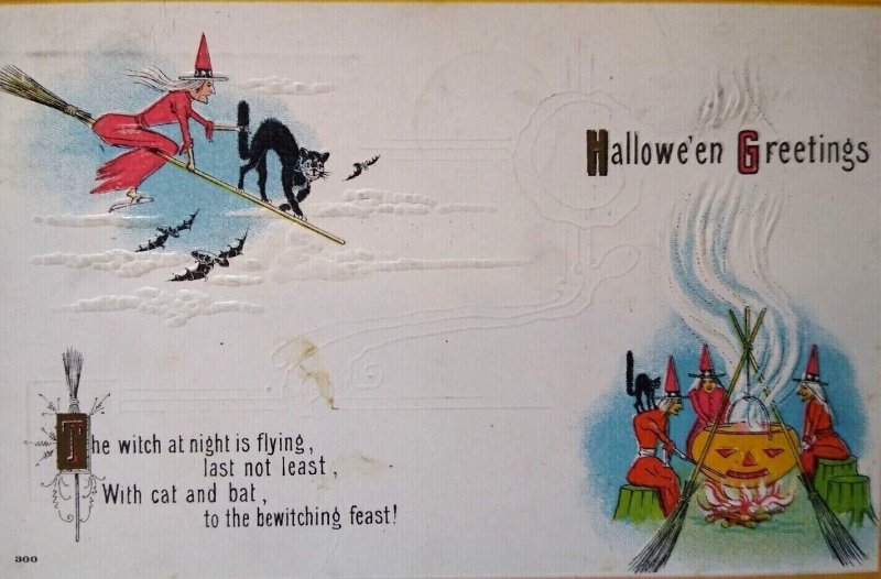 Halloween Postcard Fantasy Bewitching Feast Bats Black Cat Witches 300 SAS  