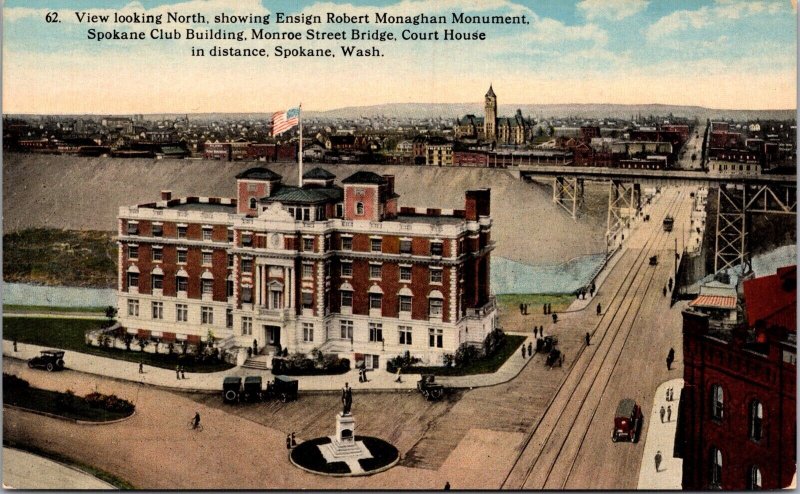 Postcard View Looking Monument North Spokane Club Building Monroe St Washington