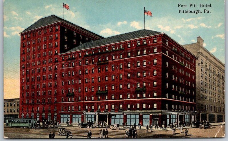 Pittsburg Pennsylvania 1914 Postcard Fort Pitt Hotel Cars Streetcar 