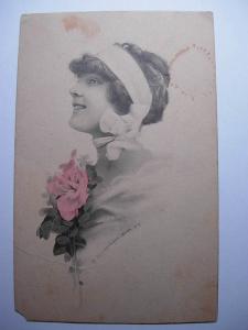 1914 Art Nouveau WOMAN WITH SCARF ON HEAD Postcard y8988