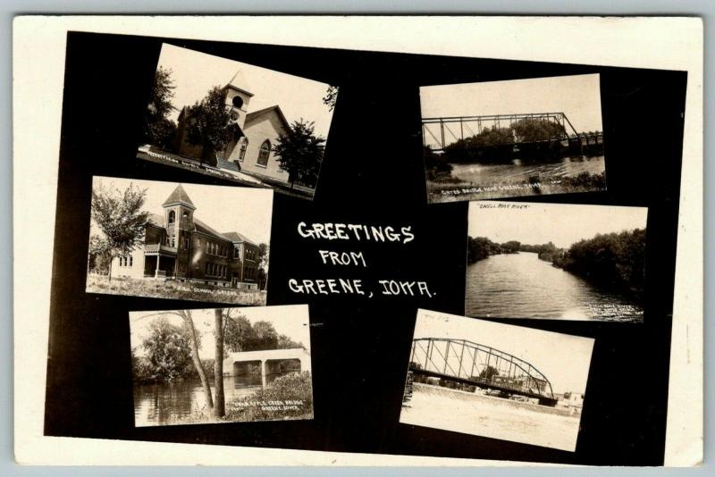 Greene Iowa~Mini Multi Views~Gates Bridge~High School~Crab Apple Creek~1915 RPPC 