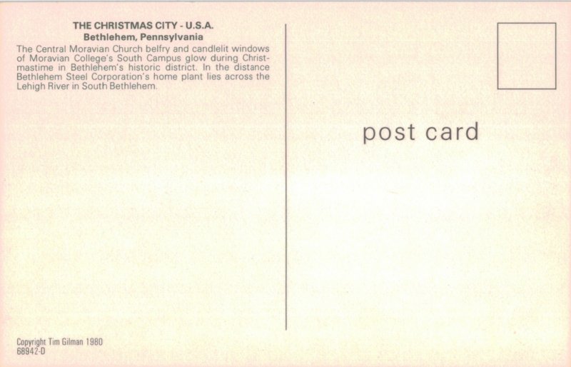 The Christmas City Central Moravian Church,  Christmastime Bethlehem PA Postcard