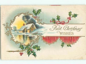 Pre-Linen christmas SNOW-COVERED HOUSE WITH HOLLY k1565