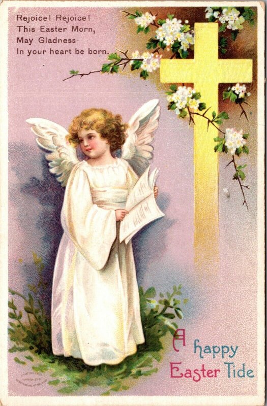 Easter Postcard Little Angel Girl Cross Flowers~137856