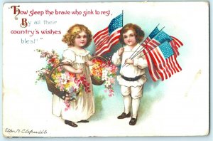 C. 1910 Adorable Girls Clap Saddle Memorial Day Flags Postcard P191 