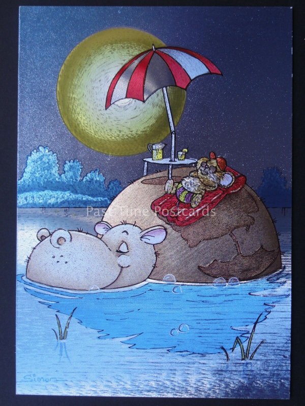 HIPPO & MOUSE SUNBATHING c1980's by F J Warren DUFEX FOIL Postcard 501844